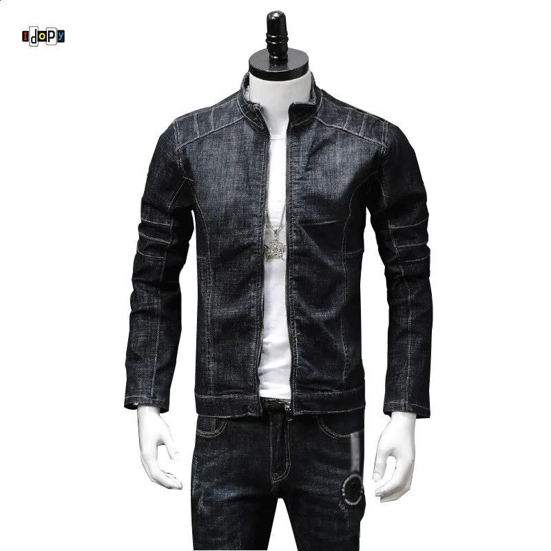 Idopy mens denim jacket motorcycle stand collar zipper motorcycle ultra-thin fit Distressed Bike mens denim jacket240813