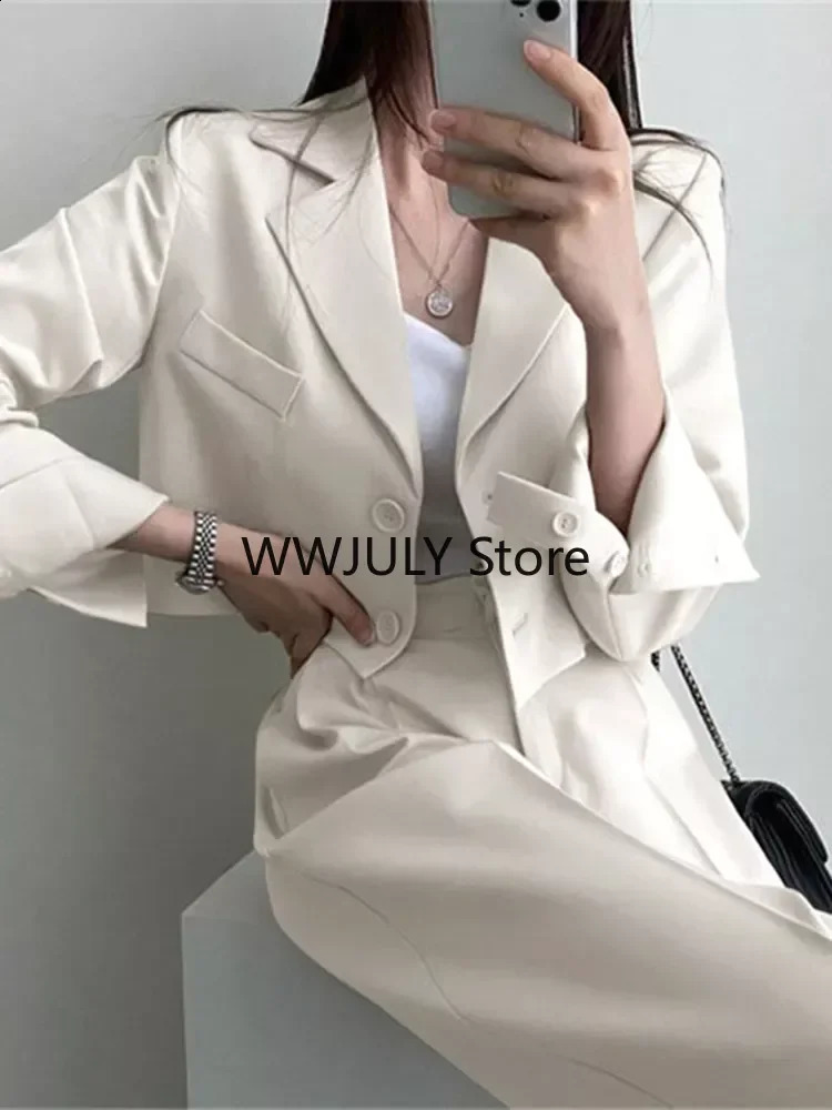 Two Piece Sets Women Outifits Cropped Blazer Fall Office Lady Pants Sets Long Sleeve Fashion Coat Black High Waisted Pants 240813
