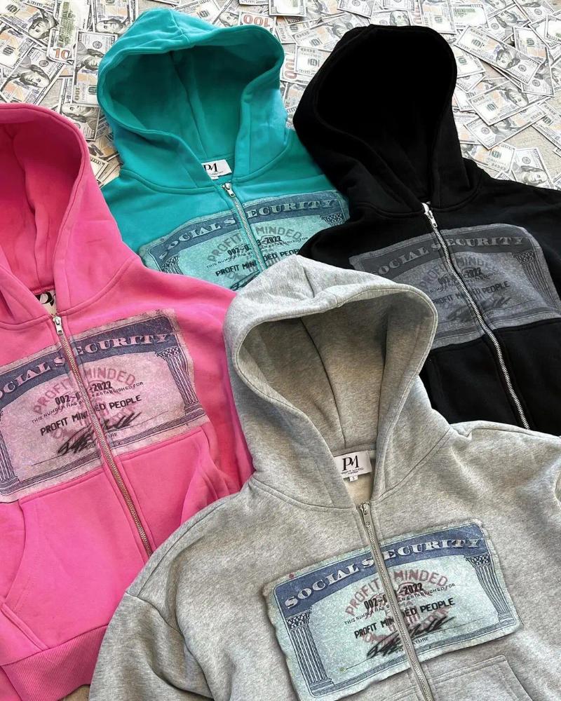 Women's Hoodies American Money Printed Sweatshirts Zip Up Hoodie Streetwear Oversized Harajuku Couples Top Casual Women Clothes