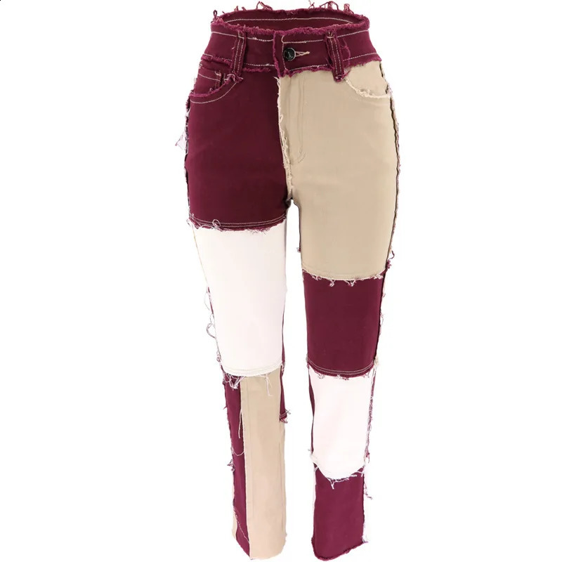 Jeans Women Straight Pants Patchwork Denim Trousers Splice Color Contrast Tassel PantsTrendy Fashion Streerwear Style Cool 240813