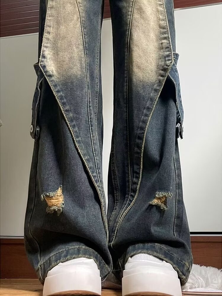 Washed distressed jeans, trendy hip-hop men's niche design, straight leg pants, American high street style