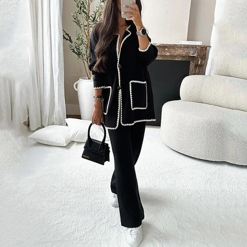 Women Patchwork Pocket Long Sleeve Knit Pant Set Fashion Single Breasted Cardigan Coats Autumn Winter Female Warm Street Jacket 240819