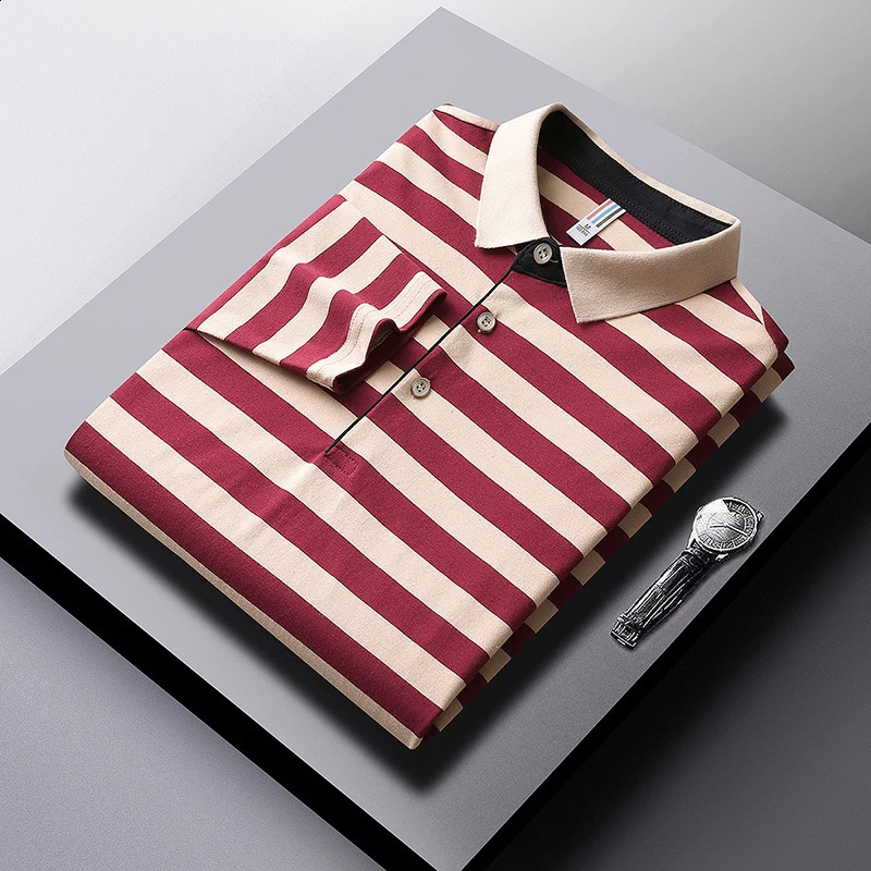 Spring Autumn Long Sleeve T-shirts Korean Striped Mens Clothing Contrasting Colors Stylish Polo-Neck Button Basic Polo Shirts 240824