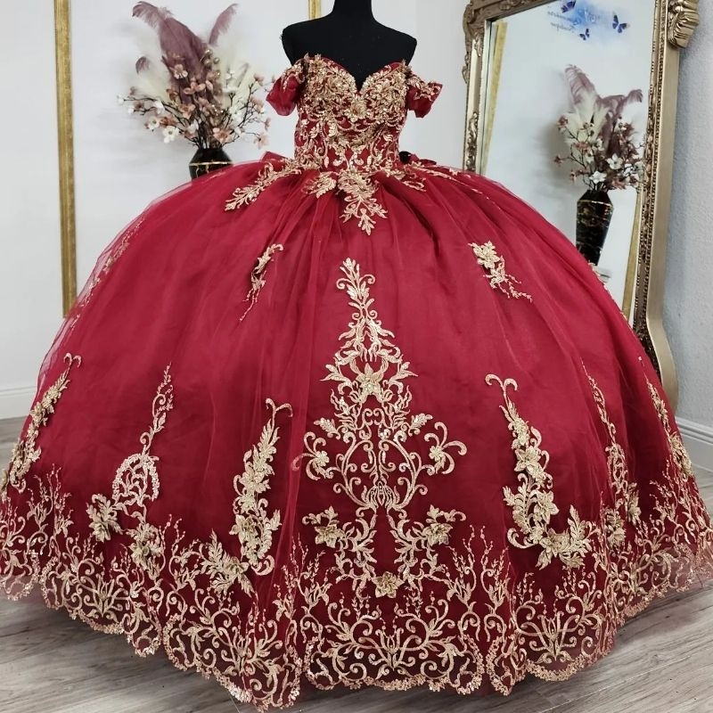 Red Princess Quinceanera Dresses Off Shoulder Gold Applique Lace Beads Tull Sweet 16 Birthday Party Wear Vestido 15 De quinceanera