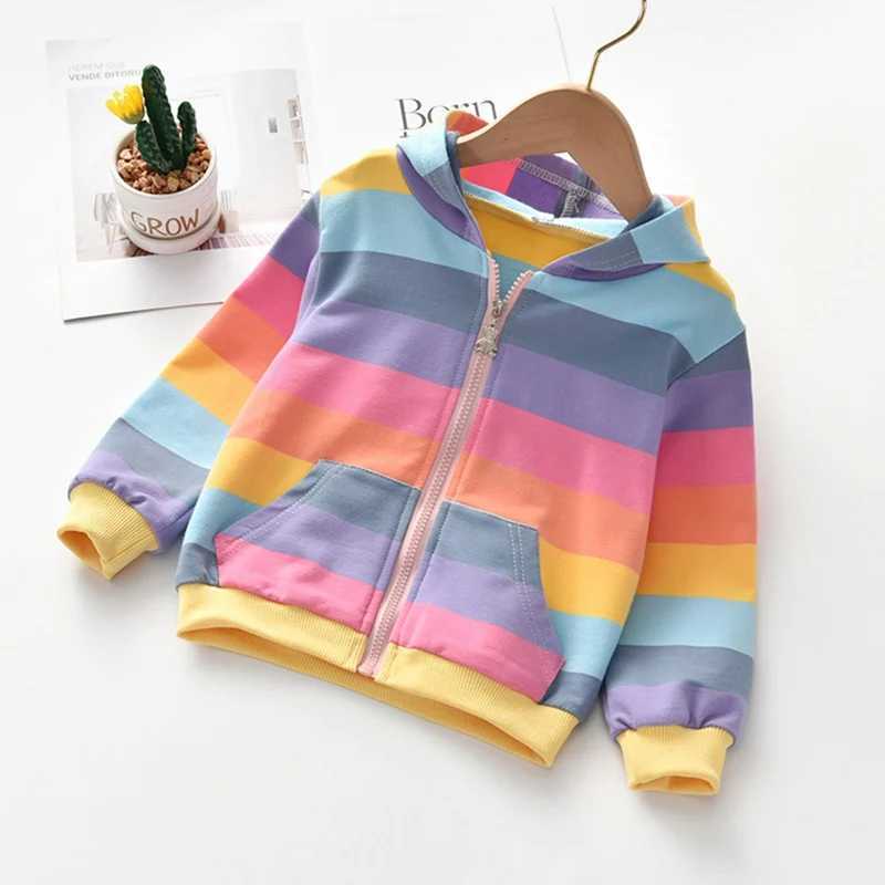 Autumn Children Girls Outerwear Rainbow Striped Casual Hoodie Zipper Sweatshirt Kids Coat Outfits TopsY240814