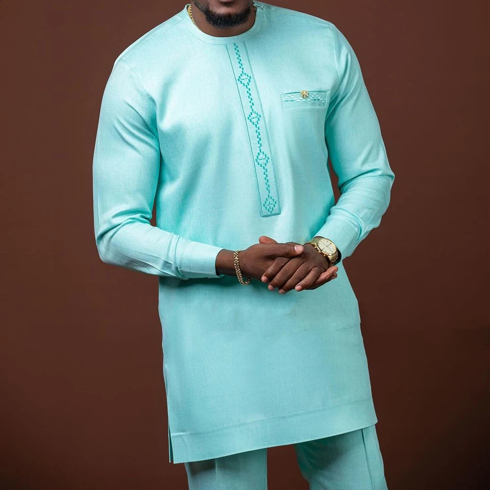Kaftan Men Wedding Suits Groom Embroidered Pocket Top And Pants Kaunda Suit African casual Outfits Party Fashion Two-piece Set 240813