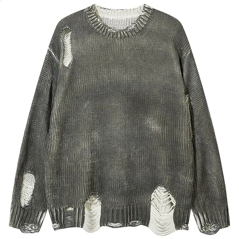 Vintage Sweater Y2K Grunge Ripped Holes Knitted Solid Plain Jumpers Streetwear Men Hip Hop Punk Gothic Long Sleeve Sweaters Pink 240821