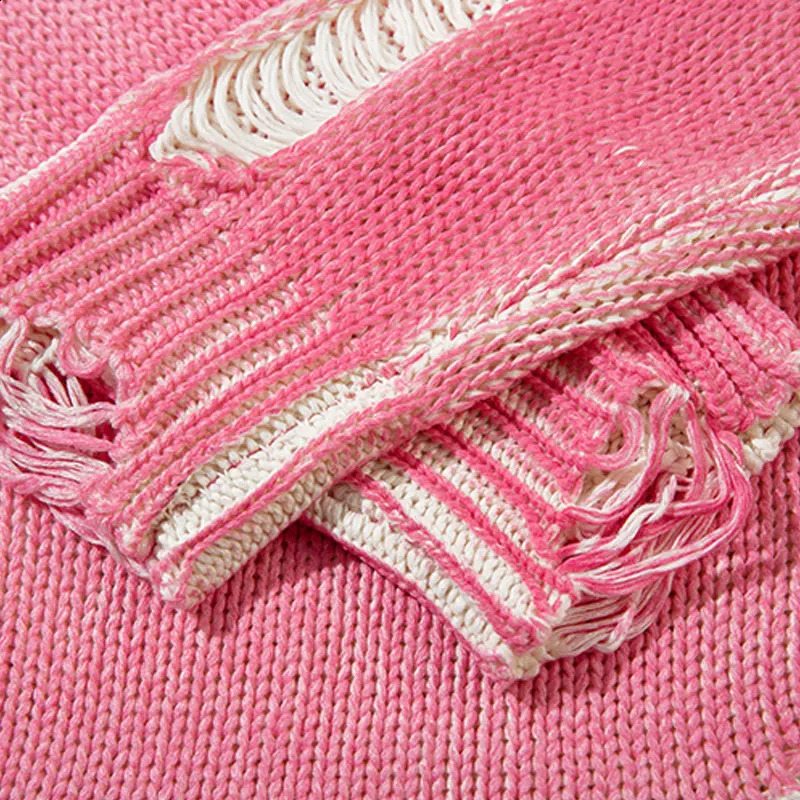 Vintage Sweater Y2K Grunge Ripped Holes Knitted Solid Plain Jumpers Streetwear Men Hip Hop Punk Gothic Long Sleeve Sweaters Pink 240821