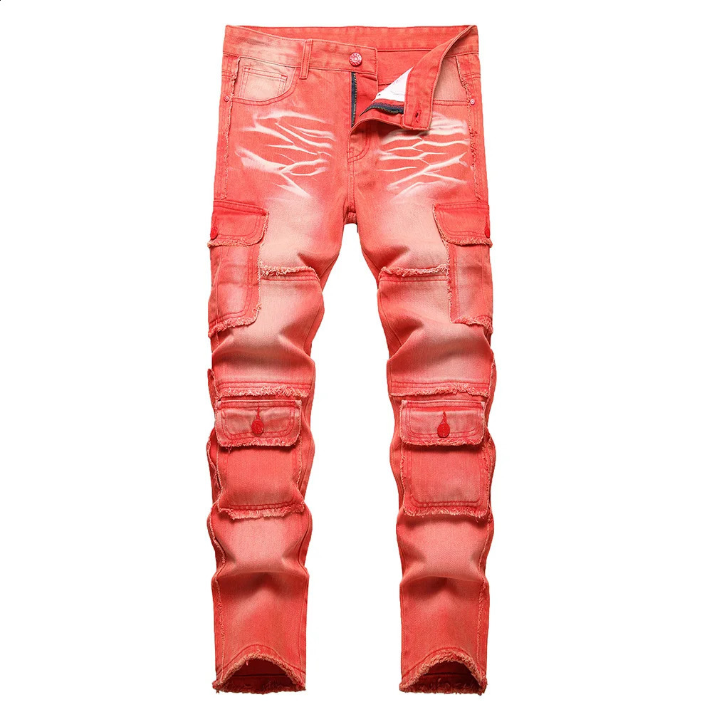 Men Multi Pockets Cargo Denim Jeans Red Fringe Non Stretch Cotton Pants Slim Straight Trousers 240814