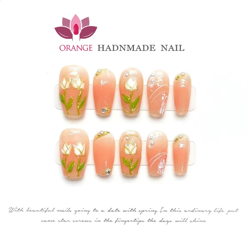 Handmade Nails Press On Coffin Medium Length Flower Manicuree Wearable Full Cover Artificial False Nail Tips Japanese Set 240810