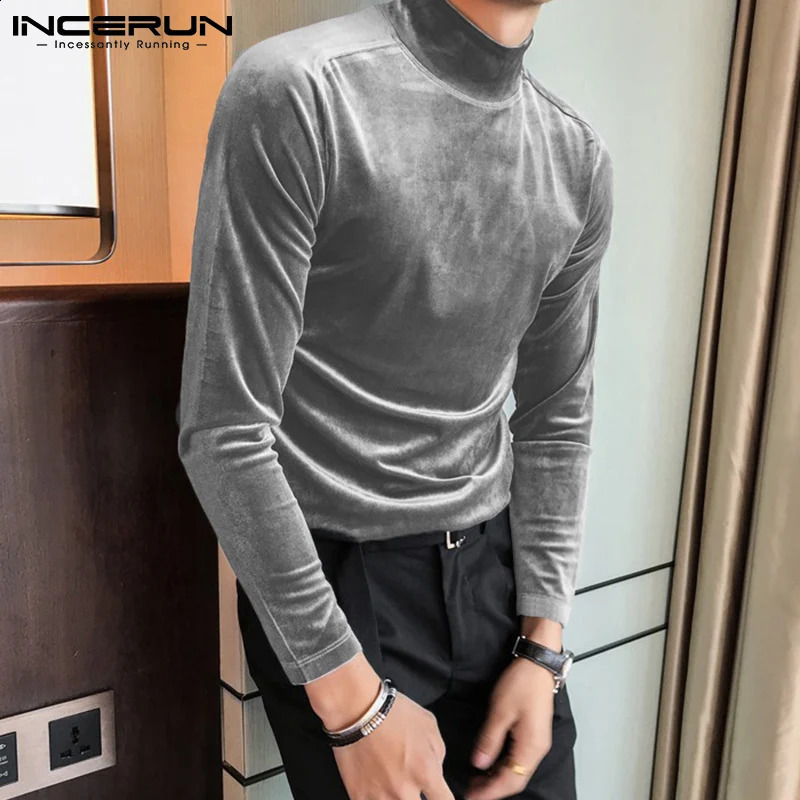 INCERUN 2024 Men T Shirt Velour Turtleneck Long Sleeve Leisure Undershirt Solid Color Streetwear Fashion Casual Tee Tops S-5XL 240814