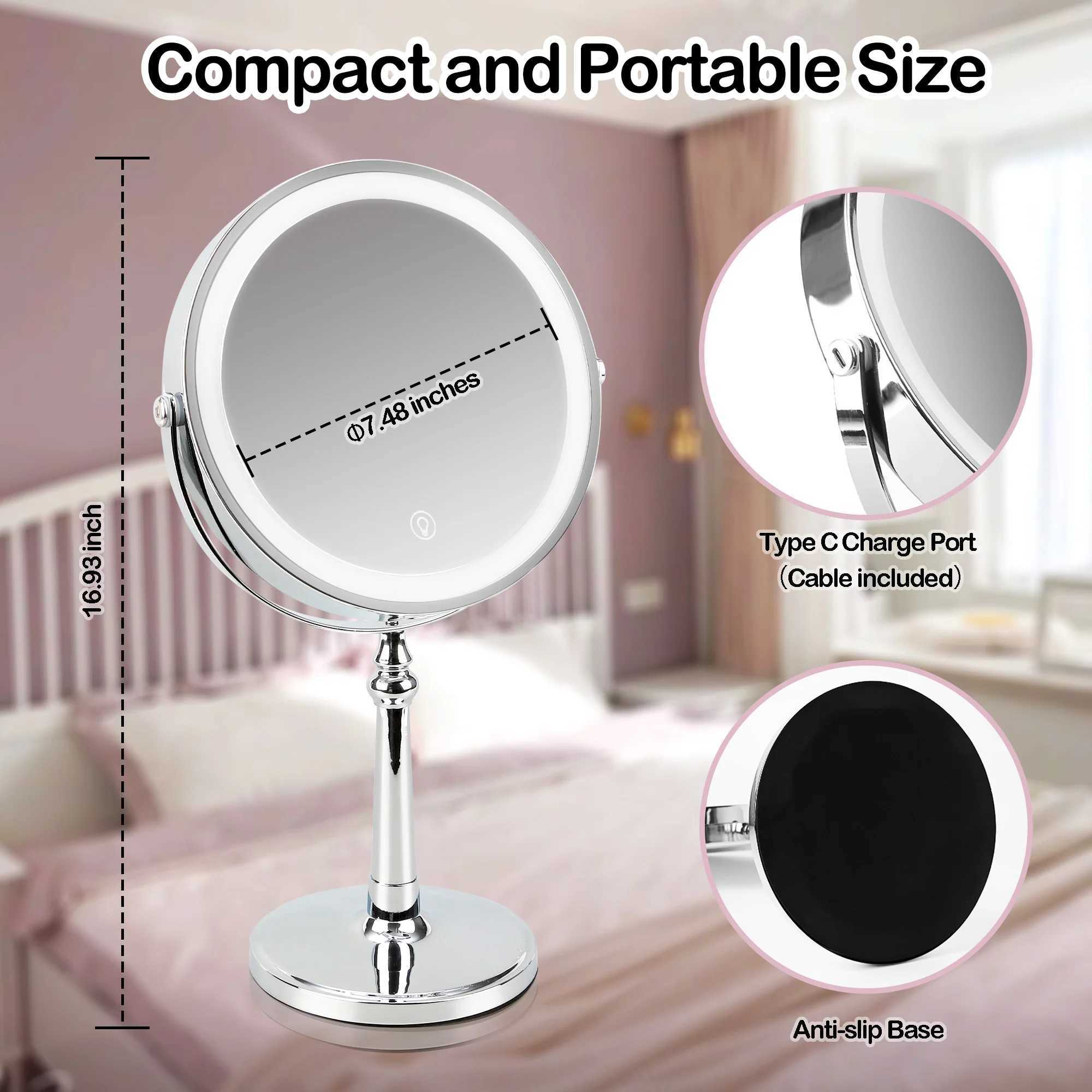 9-inch makeup mirror with light USB charging 10X magnifying dual mirror for 360 degree makeup desktop makeup mirror W240813