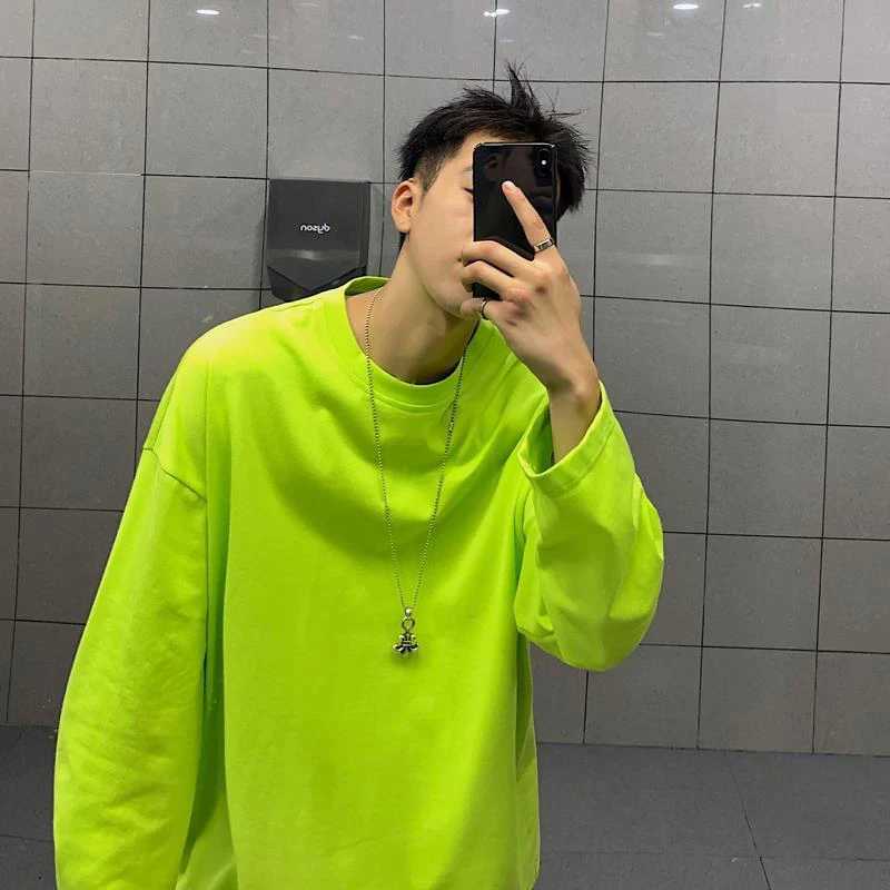 Fall Korean Solid Color O Neck Long Sleeve Men T Shirts Cotton Fashion Trend Casual Harajuku Oversized Couples Clothing Tops TeeM240814