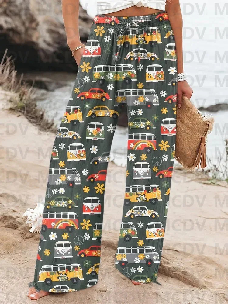 Womens Vintage Fish Sardines Art Print Linen Casual Pants 240813