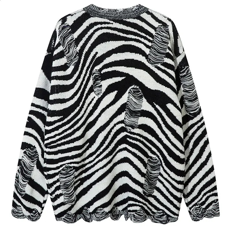 Hip Hop Oversized Sweater Y2K Grunge Knitted Ripped Holes Striped Sweaters Harajuku Punk Gothic Long Sleeve Jumpers Black White 240821