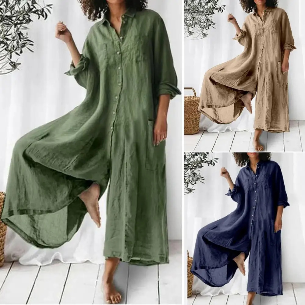 Women Jumpsuit Spring Summer Turndown Collar Loose Cotton Linen Breathable Casual Wide Legs Pants Long Romper Daily Wear 240813