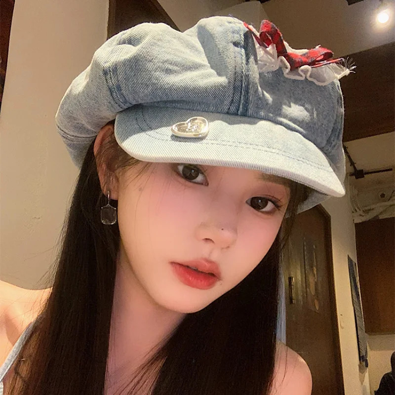 Y2K Lace Bow Cloud Berets Caps for Women Show Face Small Summer Autumn Casual Versatile Korean Retro Denim Octagonal Hat 240805