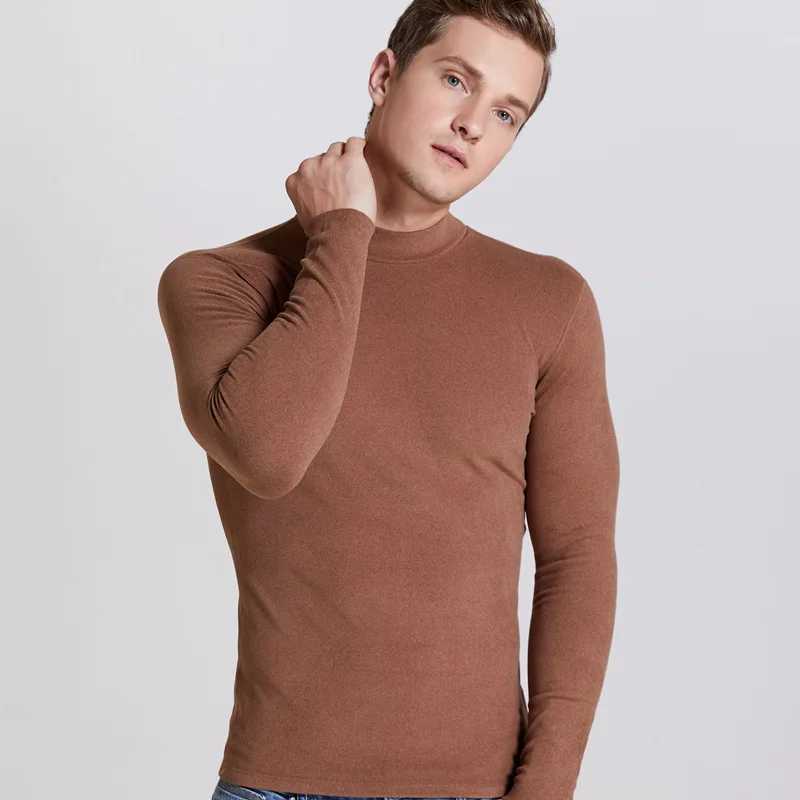 Winter Warm Half High Collar Fashion Thermal Underwear Men Mock Neck Basic Plain T-shirt Blouse Pullover Long Sleeve Top FashionM240814