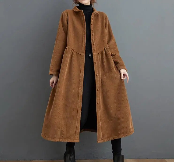 2024 Winter Women Trench Fleece Long-sleeved Loose Corduroy Solid Color Vintage Fashion Casual Women Long Warm Coat YoYiKamomo 240813