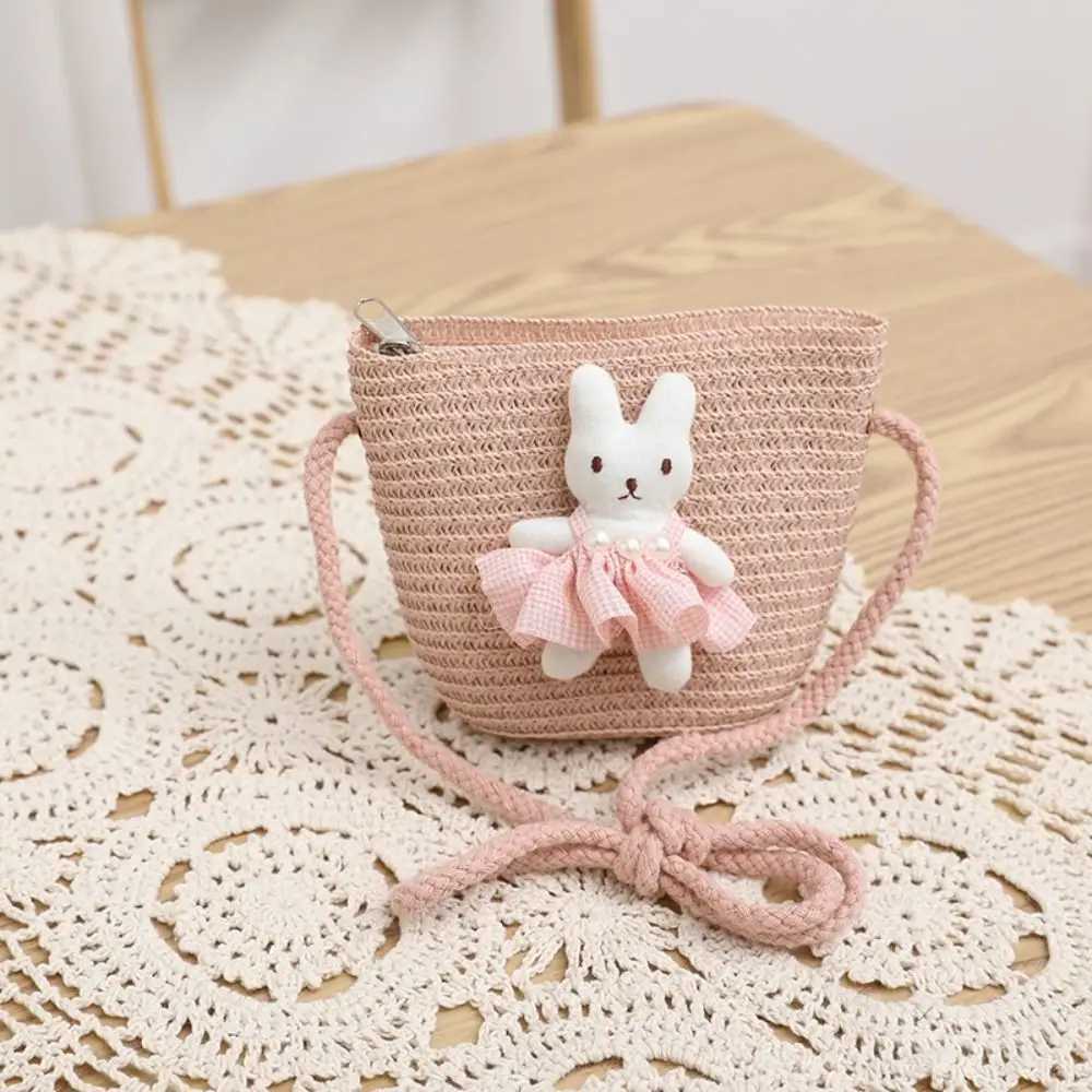 Cartoon Rabbit Mini Straw Bag Summer Beach Zipper Hand Woven Childrens Messenger Bag Coin Wallet Photo Props Cross body Handbag W240906