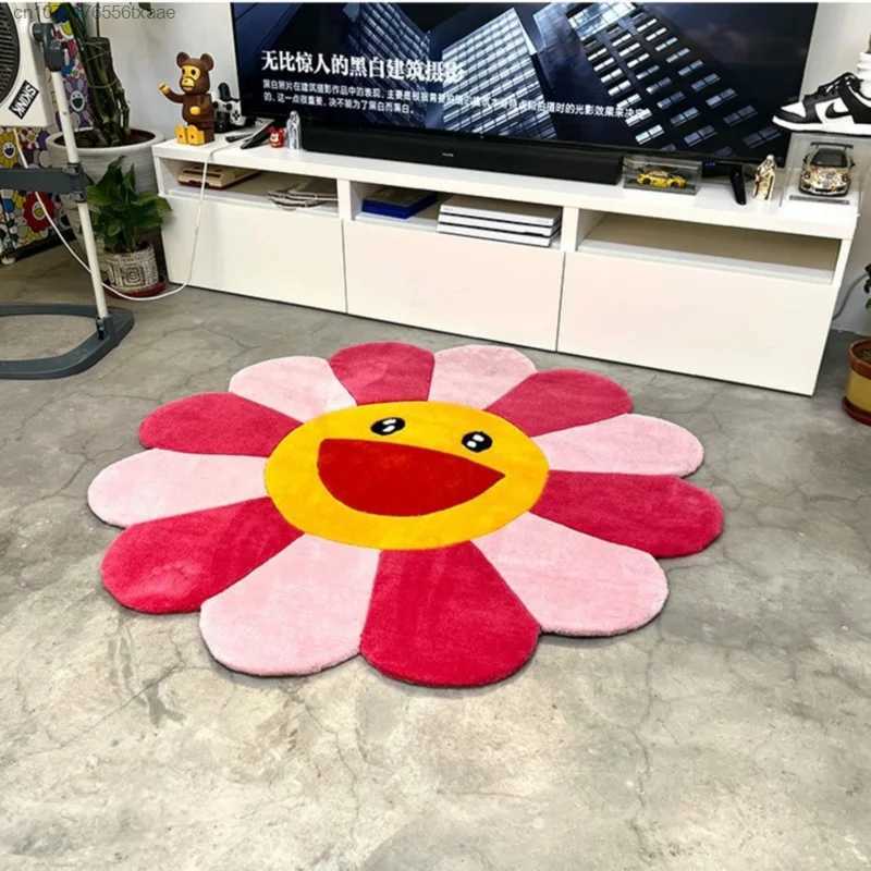 Carpets Cute Sunflower Carpet Learning Round Bedroom Living Room Family Cartoon Mat Y2K Womens Balcony Colorful Smiling Face Carpet Decoration T241125