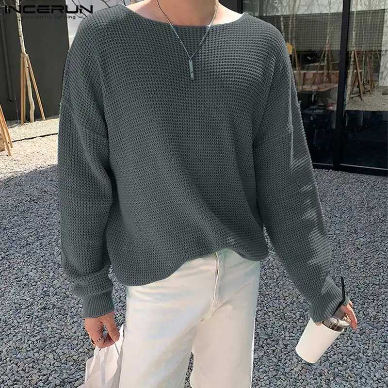 Mens sweater knitted solid loose O-neck long sleeved street clothing casual pull-out Korean mens clothing S-5XL INCERUNW240729