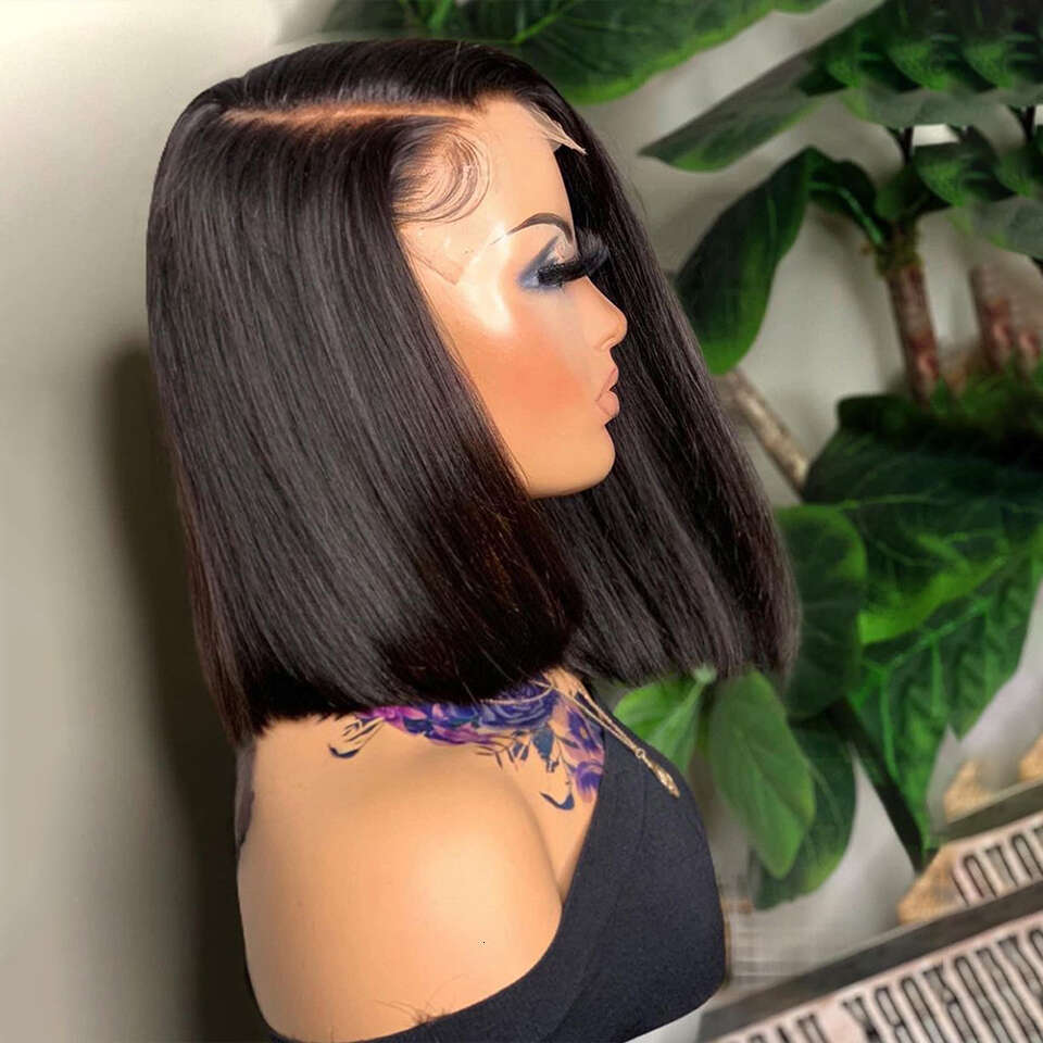 Short Side Part Bone Straight Human Hair Wigs Asymmetrical Bob Lace Wig For Women Brazilian Perruque Cheveux Humain