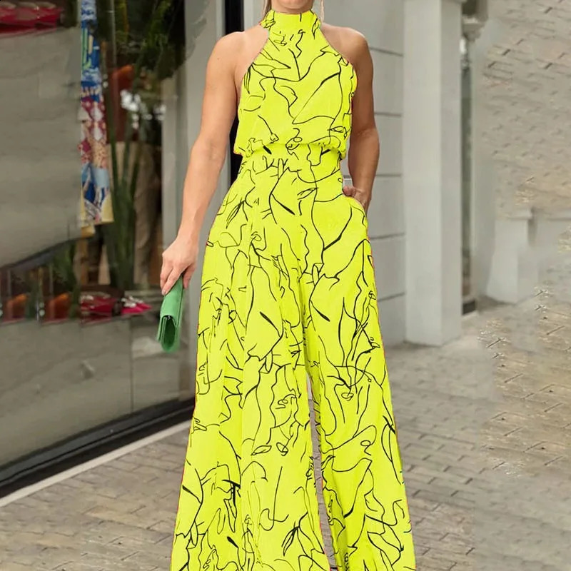 Halter Sleeveless Jumpsuit Slim Sexy Wide Leg Pants Office Ladys Casual Skirt Pants Summer Women Printed Multi-Color Elegant 240813
