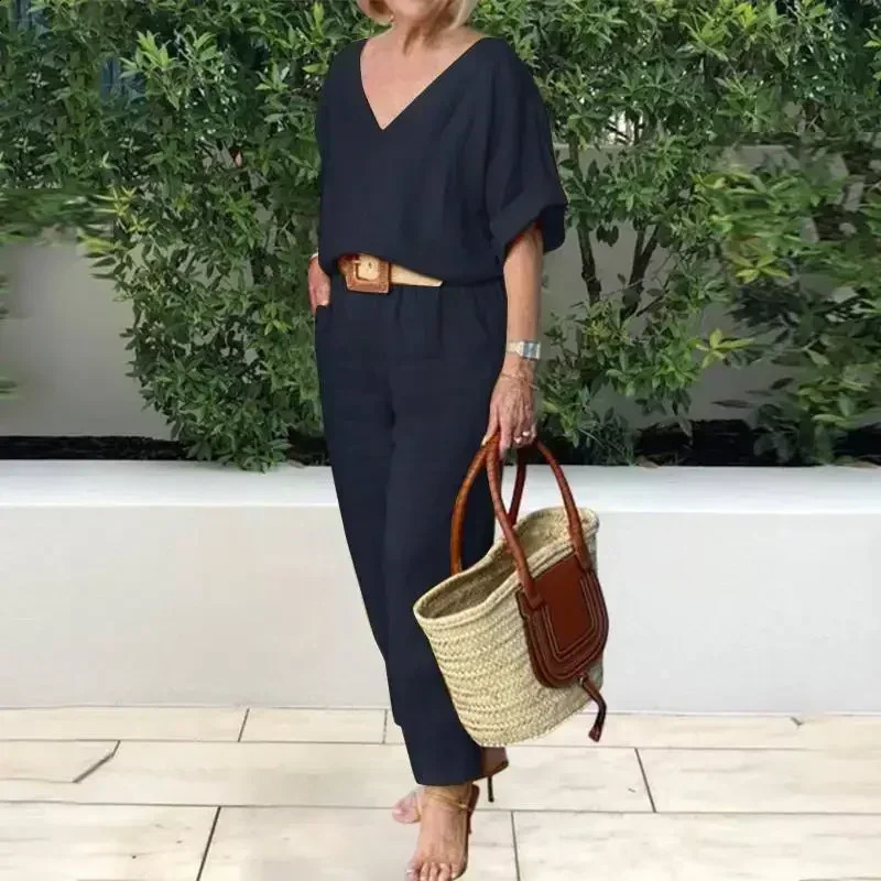 Spring Cotton Linen Womens Tracksuit Suit V-neck Top Drawstring Casual Long Pants Set Female Trendy Fashion Ladies Clothes 240814