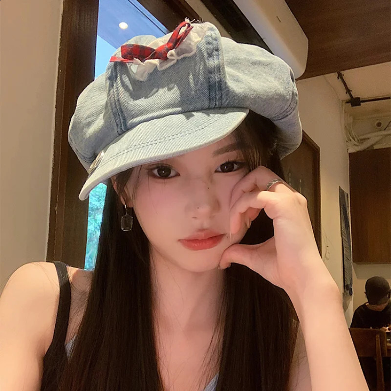 Y2K Lace Bow Cloud Berets Caps for Women Show Face Small Summer Autumn Casual Versatile Korean Retro Denim Octagonal Hat 240805