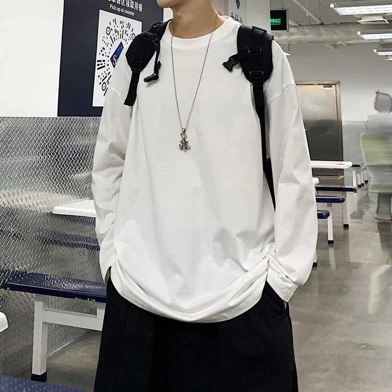 Fall Korean Solid Color O Neck Long Sleeve Men T Shirts Cotton Fashion Trend Casual Harajuku Oversized Couples Clothing Tops TeeM240814