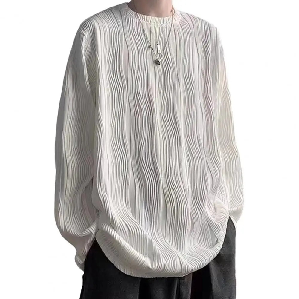 Water Wave Texture Fall Spring Men Top Round Neck Long Sleeve Oversized Solid Color Loose Pullover Mid Length Men Soft T-shirt 240814