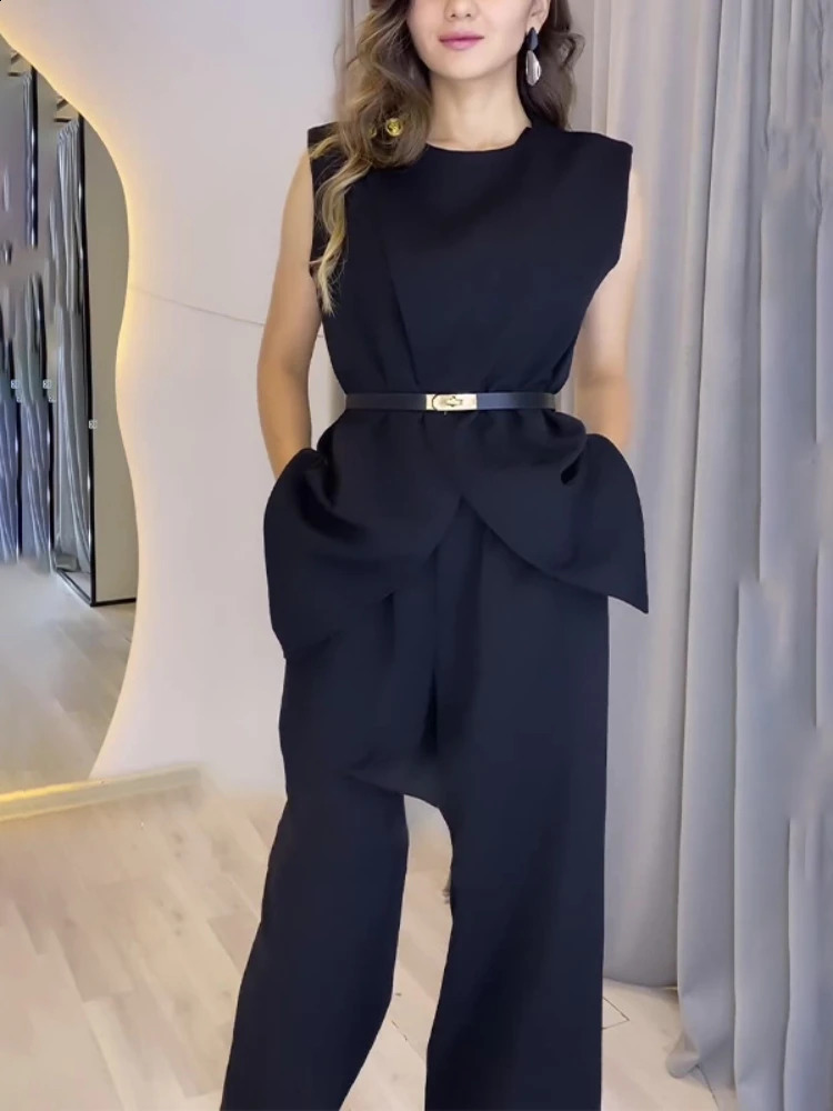 Round Neck Belt Sleeveless White High Waist Tops Solid Color Wide Leg Long Pants Slim Fit Elegant Two Piece Sets Women Pants Set 240813