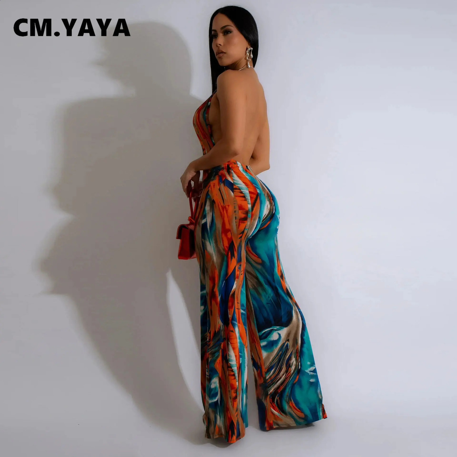 CM.YAYA Women Tie Dye Print Wide Leg Straight V-Neck Sleeveless Jumpsuits 2024 Summer Night Club Playsuit One Piece Suit Romper 240813