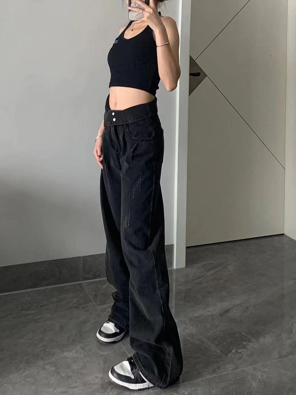 American ins washed black jeans for women in early spring with a spicy design, loose and slimming straight wide leg pants