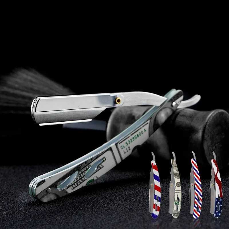 Men Classic Barber Manual Folding Beard Razor Stripes US Flag Dollar Print Stainless Steel Shaving Knife Hair Removal Tools WithM240814