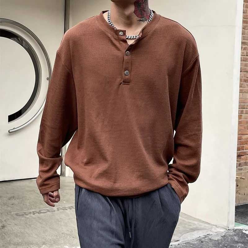 Autumn Winter Pleated Texture Long Sleeve Men T Shirt Buttons Fashion Casual Business Keep Warm 2xl Oversized Pullover Top WhiteM240814