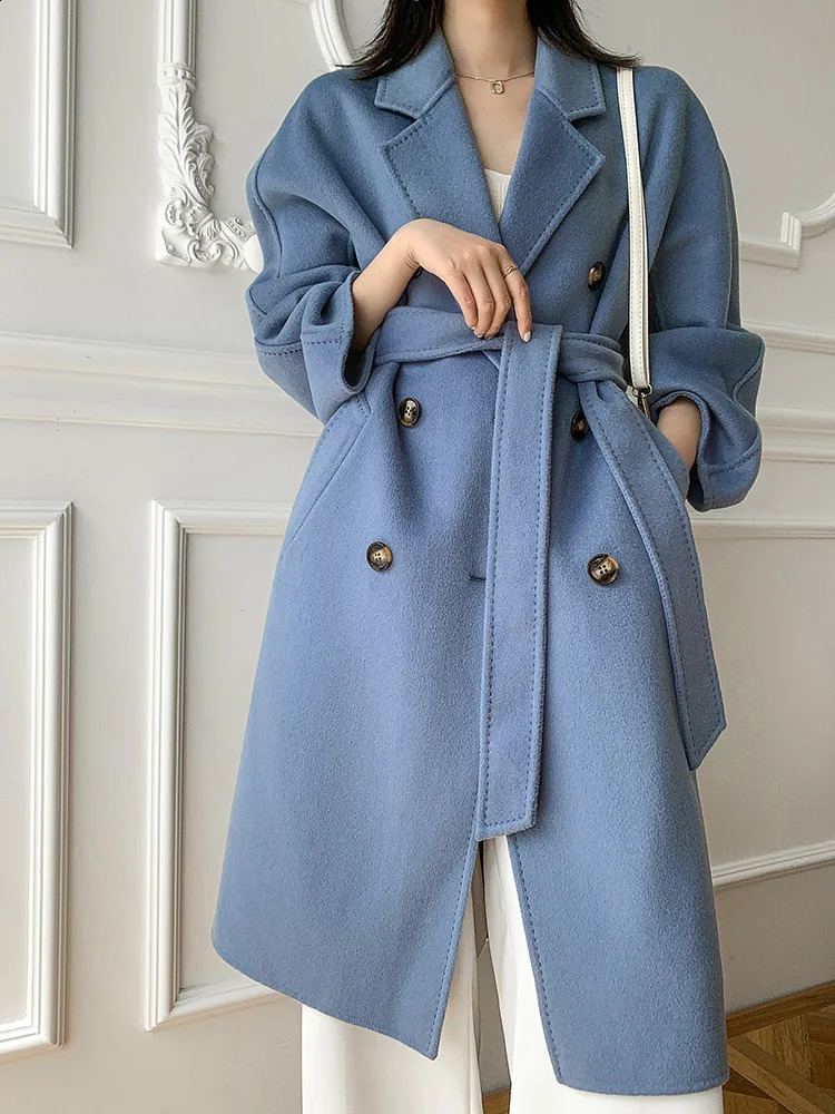Fashion trend womens coat 100% pure Australian wool coat solid color autumn and winter double-sided wool womens clothing 240828