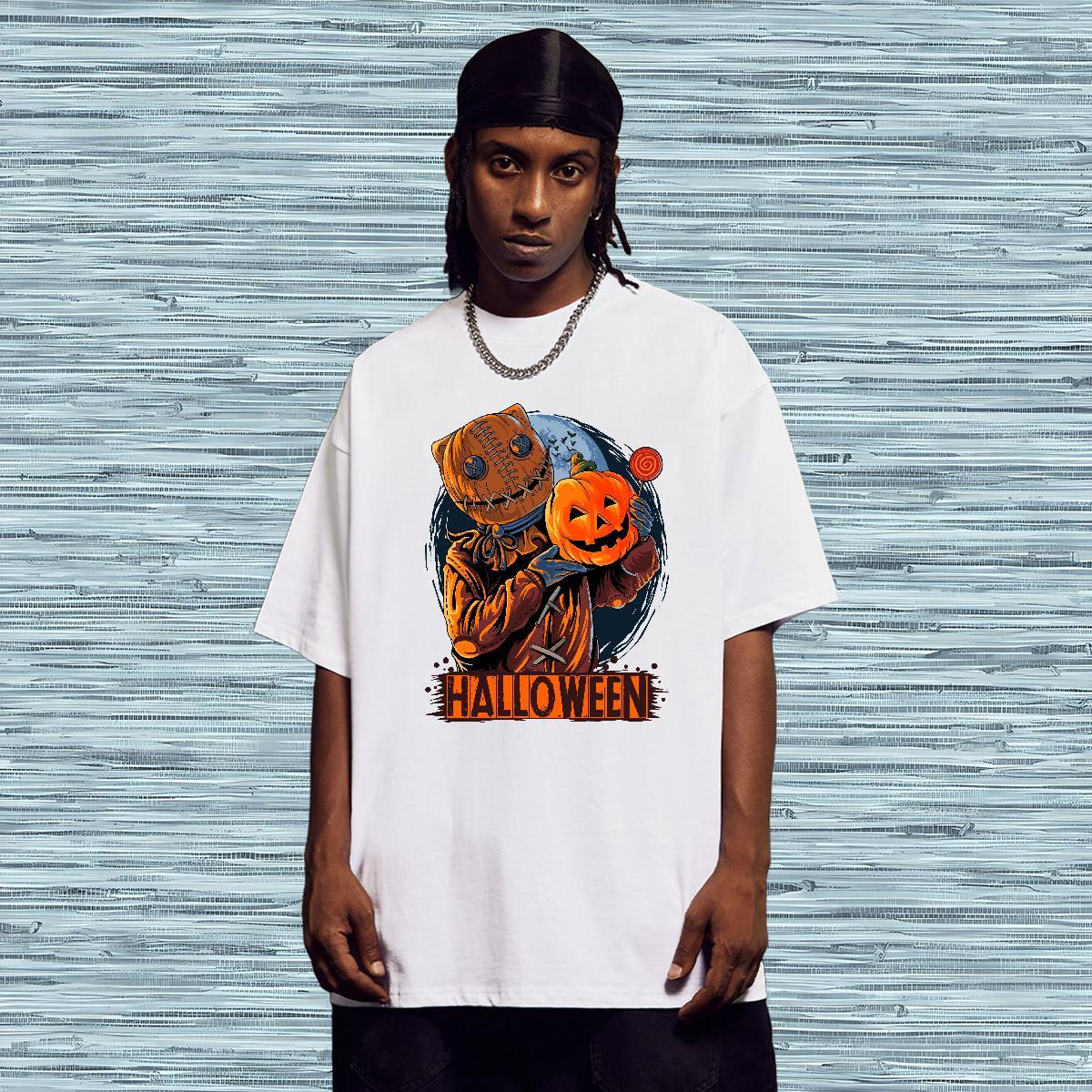 Comfortable T-Shirts for Men Halloween Round Neck Short Sleeve Spring Summer White Plus Size 230g 100% Cotton Men Tops Tees Fashion New Clothes