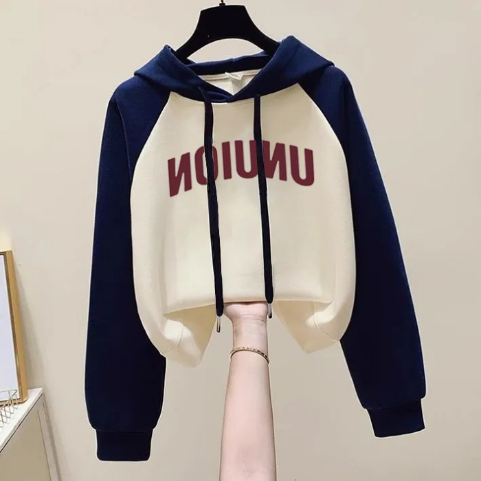 Letter print American style fashionable loose fitting shoulder contrasting hooded sweatshirt versatile top 2024 Spring and Autumn new item