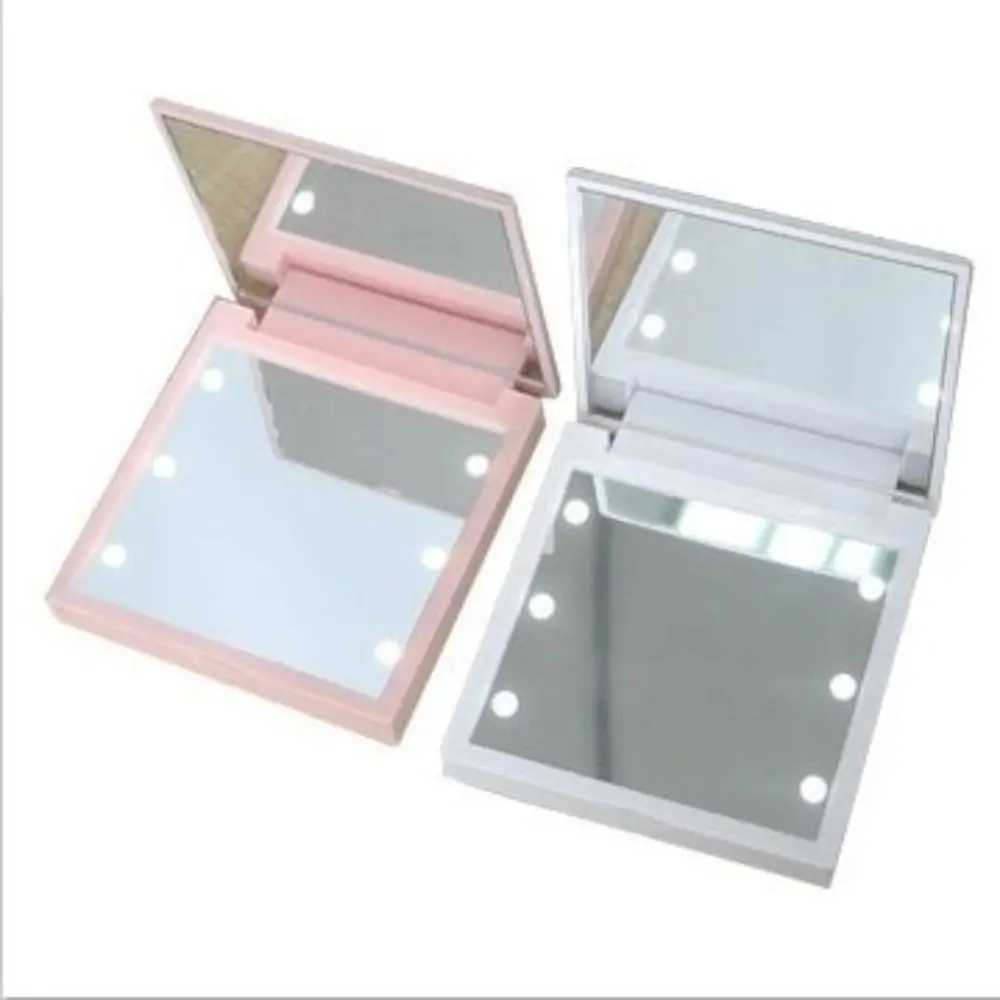 Double sided LED makeup mirror portable square womens makeup mirror with 6 LED lights handheld beauty mini pocket mirror W240813
