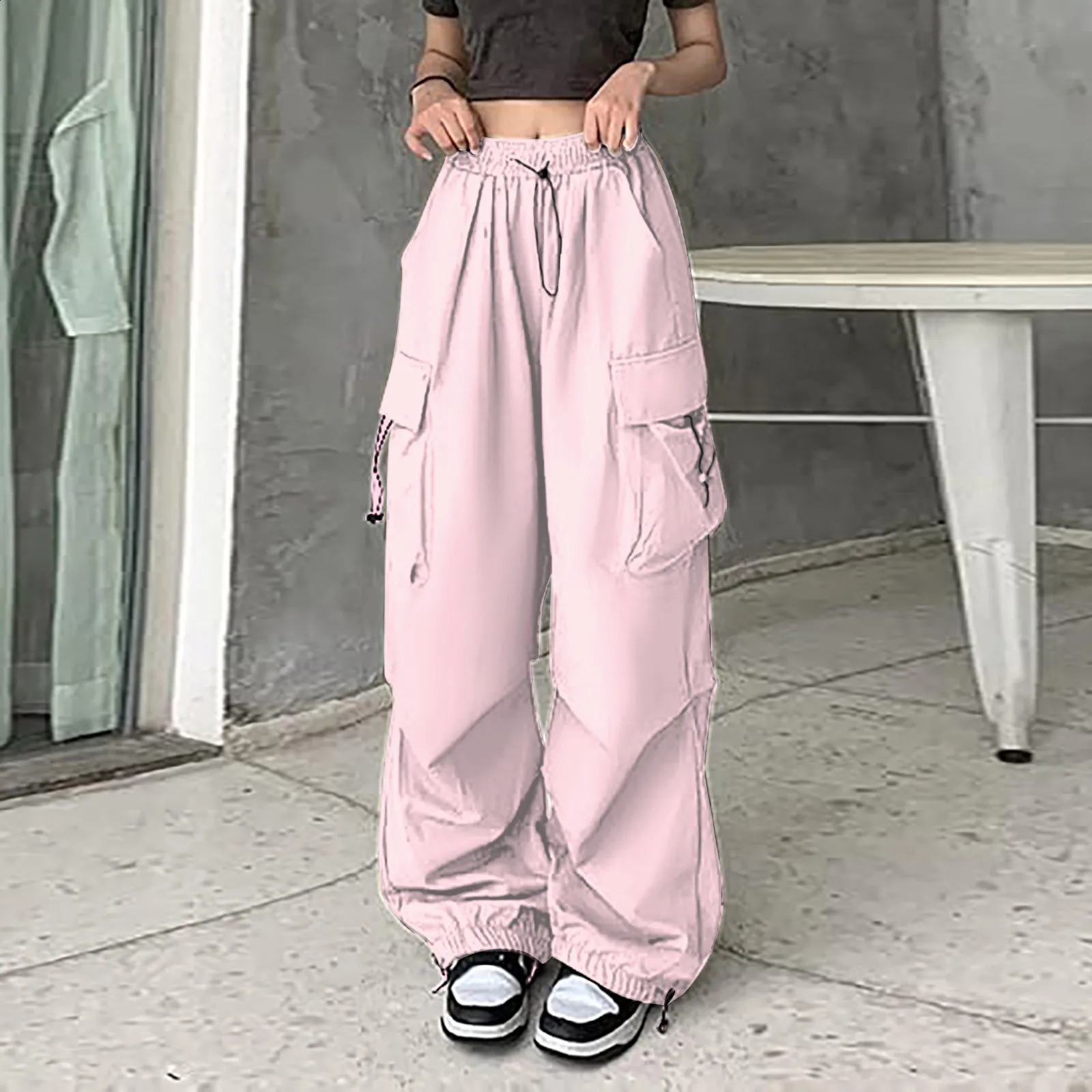 Womens Baggy Cargo Pants Streetwear Hip Hop Joggers Sweatpants Drawstring Casual Loose Solid Color Wide Leg Trousers Z260314