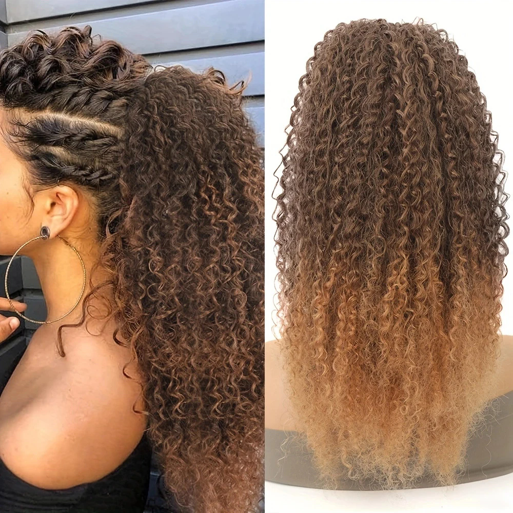 2 Tones Remy Brazilian Kinky Curly Ponytail hairpiece extention Ombre brown blonde Hair Drawstring Ponytail 100% Human Hair Clip In Hair Extensions 12