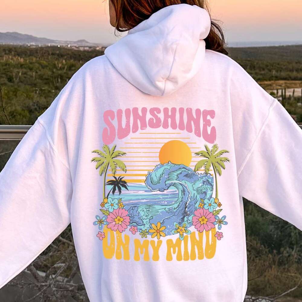 Sunshine Beach on my Mind Hoodie Sunset Oversize Hooded Sweatshirts Woman Aesthetic Long Sleeves Soft Crewneck Streetwear Clothe Lg