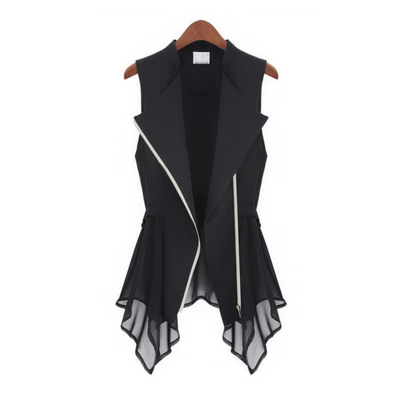 #0708 Summer Black Asymmetrical Chiffon Waistcoat For Women Thin Sexy Vest Coat Sleeveless Jacket Female Long Vest With Zipper 240813