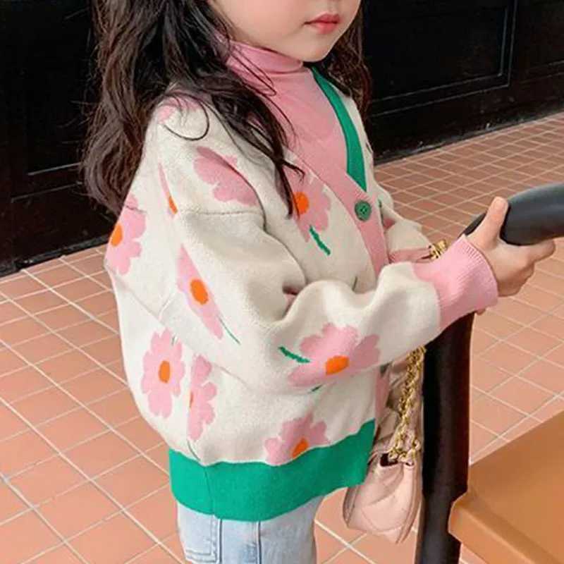 Fashion floral printed childrens coat long sleeved cardigan autumn baby girl knitted casual top spring jacket 0-9T W240813