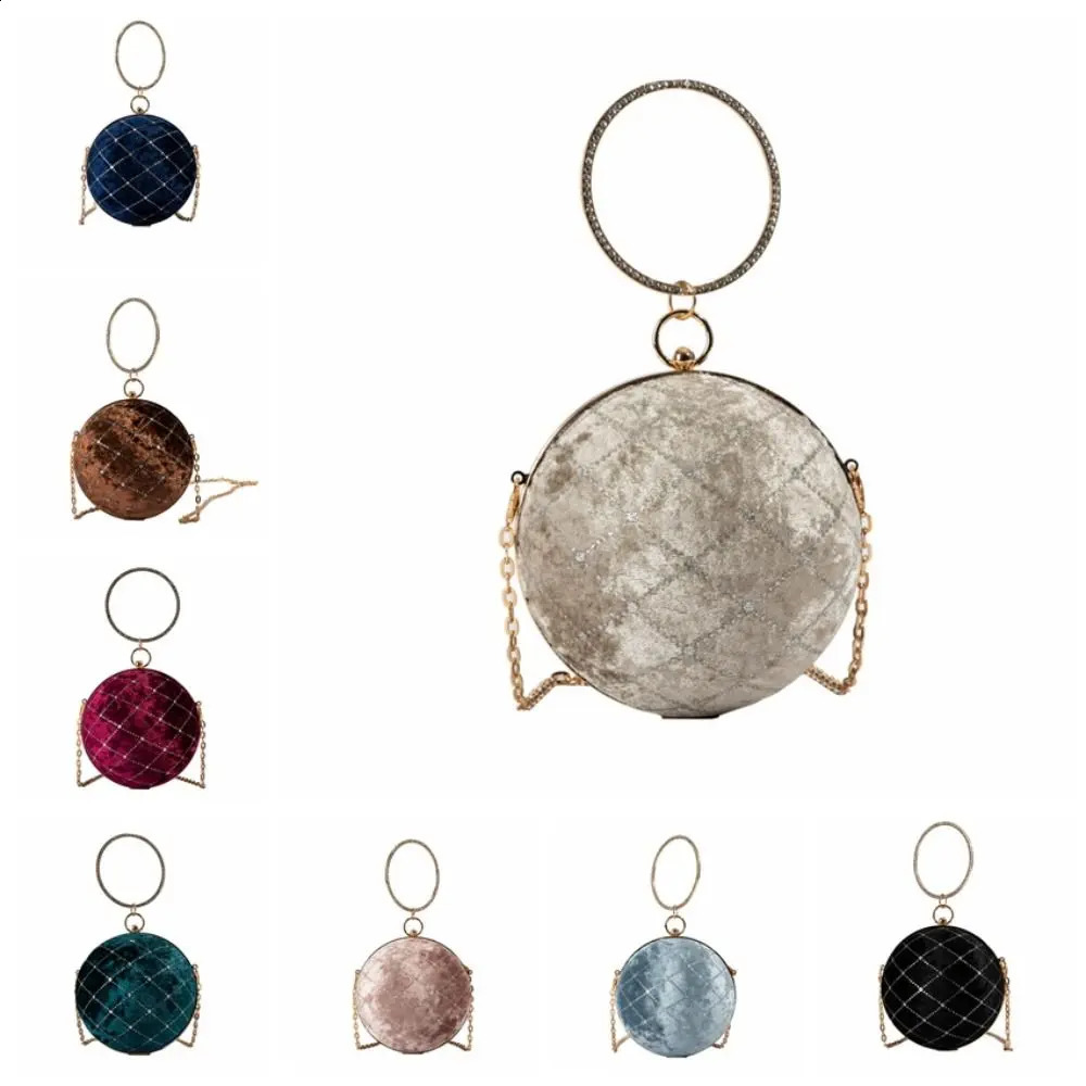 Vintage Velvet Round Ball Evening Bags For Women Fashion Chain Shoulder Bags Retro Green Black Dinner Party Clutch Ladies Purses 240813