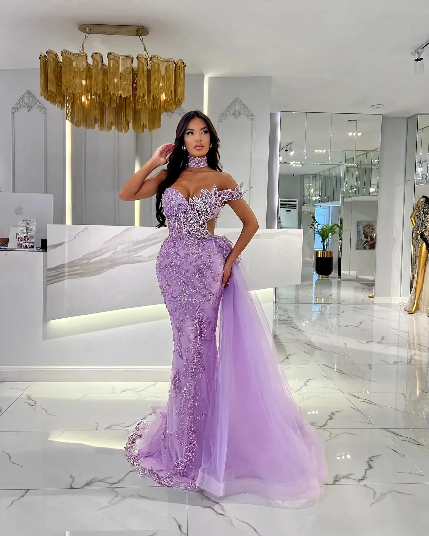 Purple Stunning Mermaid Evening Dresses Beading Shoulder Prom Dress Beads Side Train Custom Made Formal Dresses For Women