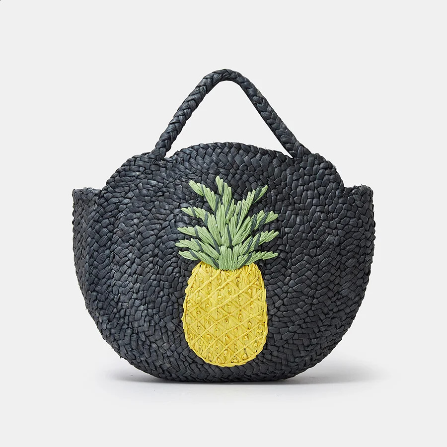 Fashion Coconut Tree Pattern Straw Women Handbags Round Corn Husk Woven Hand Bags Handmade Summer Beach Bag Large Tote Purses 240812