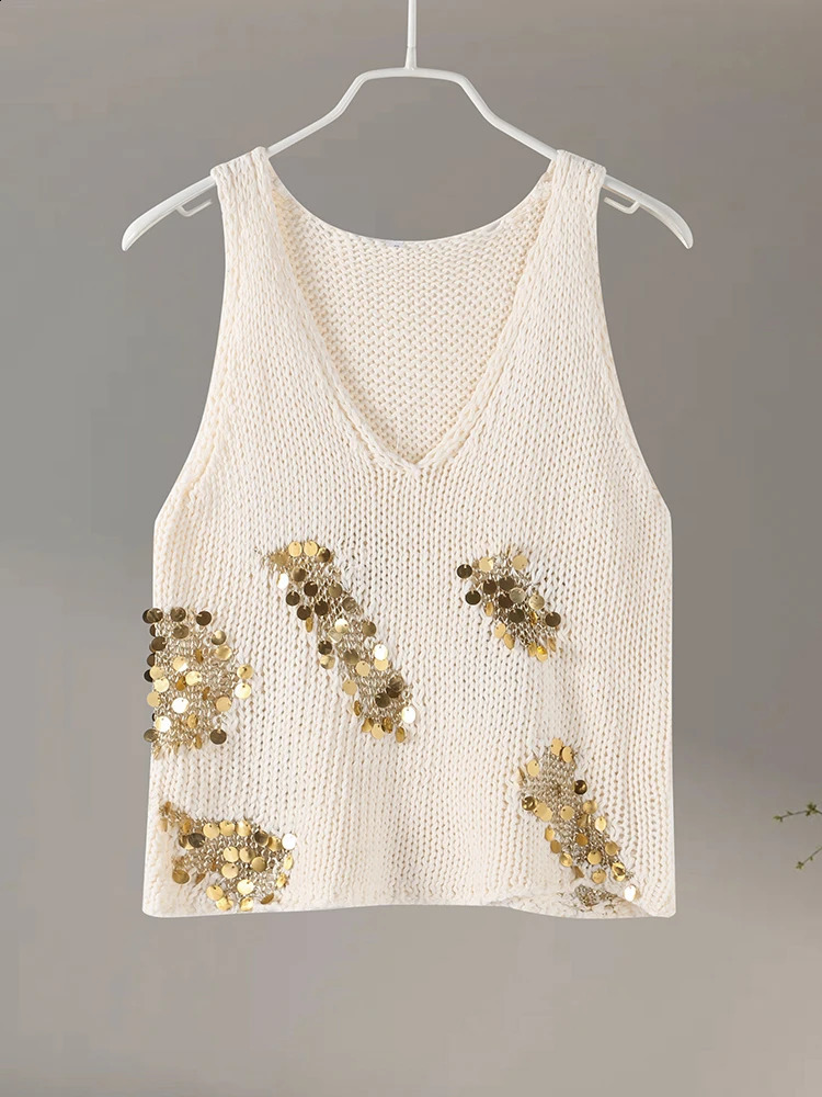 Casual Sequin V-neck Vest Women Knitted Sleeveless Shinny Loose Holiday Tank Female Summer Autumn All-match Street Vest 240814